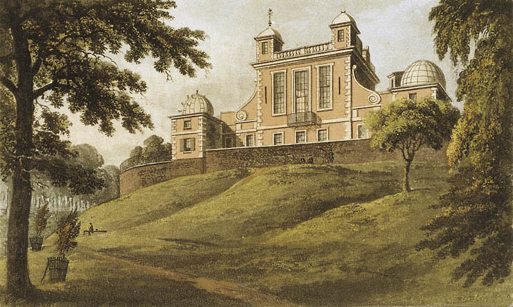 An 1824 view of Flamsteed House at the Royal Observatory, Greenwich, showing its brick façade, rooftop pavilions and a path through the grounds.