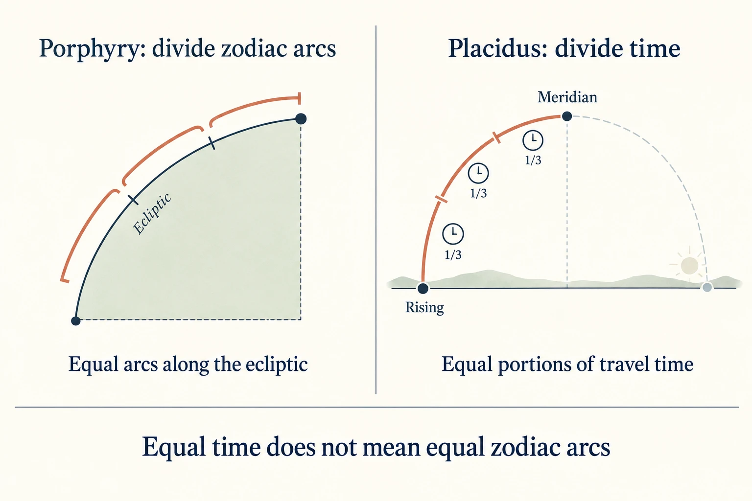 Porphyry is represented by an ecliptic arc split into three equal lengths. Placidus is represented by a rising-to-meridian daily path marked with three equal portions of travel time. The diagram notes that equal time does not mean equal zodiac arcs.